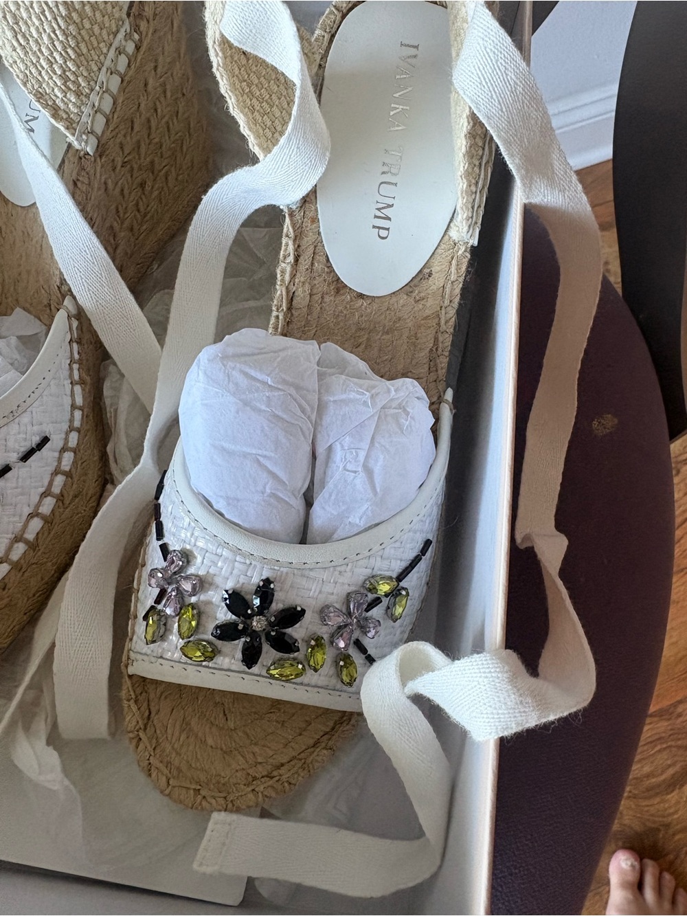 Ivanka Trump White Woven Espadrille Wedge Sandals with Jeweled Floral Accents
